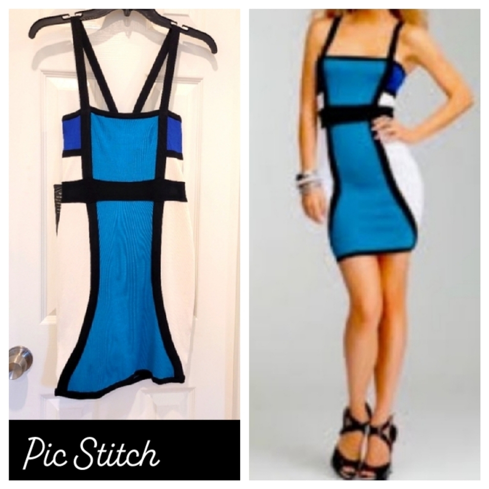 NWT Bebe Teal & White colorblock Strappy & Stretchy Minidress Size XS
